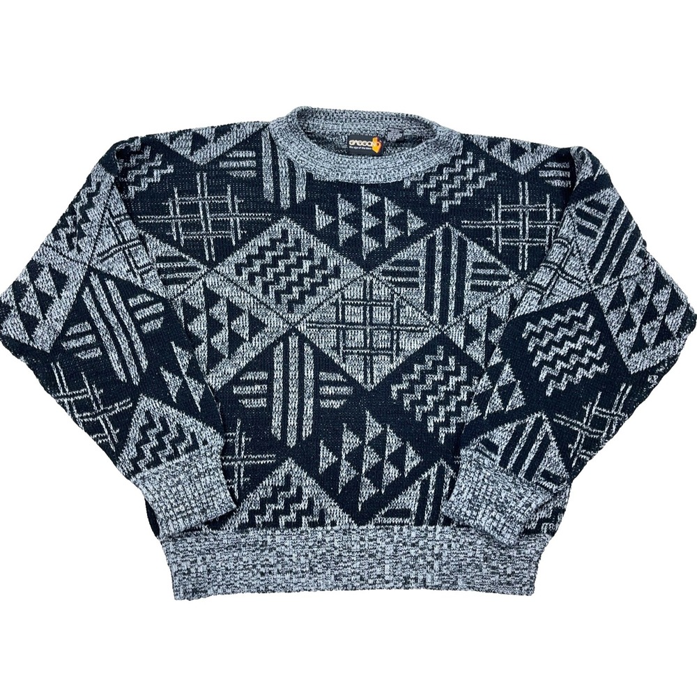 Vintage Grandpa Sweater Men Large Gray Black Geometric‎ Crewneck 80s 90s Golf